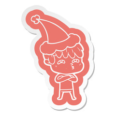 cartoon  sticker of a curious man wearing santa hat
