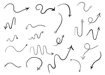 Infographic elements on isolated white background. Hand drawn simple arrows. Line art. Set of different pointers. Abstract indicators. Black and white illustration.