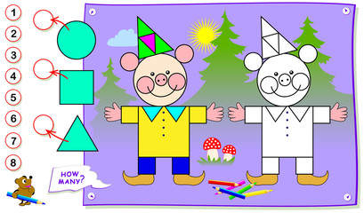 Fototapeta na wymiar Printable educational page for kids. How many each geometric figures can you find? Count the quantity, paint the picture and write numbers. Development children skills. Vector cartoon image.