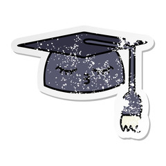 distressed sticker of a cute cartoon graduation hat
