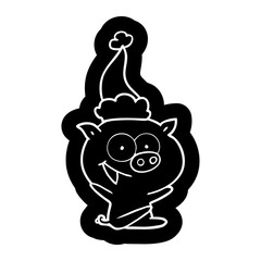 cheerful sitting pig cartoon icon of a wearing santa hat