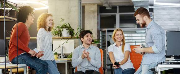 Creative team having discussion on new design project in office