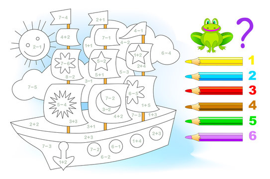 Educational page with exercises for children on addition and subtraction. Solve examples and paint the sailboat in relevant colors. Developing skills for counting. Printable worksheet for kids.