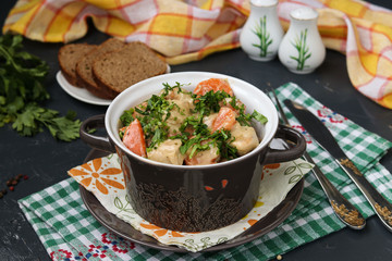 Ragout with turkey and carrots in a pot on a dark background