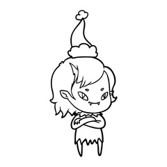 line drawing of a friendly vampire girl wearing santa hat