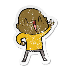 distressed sticker of a happy cartoon bald man