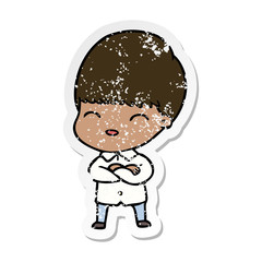 distressed sticker of a happy cartoon boy