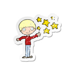 retro distressed sticker of a cartoon excited boy