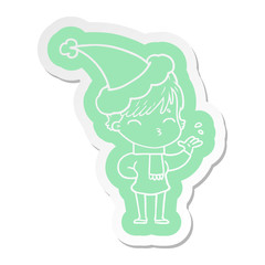 cartoon  sticker of a woman thinking wearing santa hat