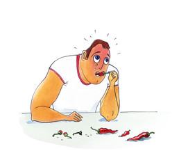 Boiling and crying man eating hot peppers. Humorous watercolor illustration