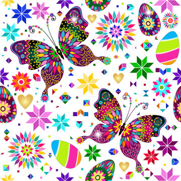 Festive bright Easter pattern with butterflies, flowers and decorated eggs