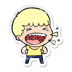 distressed sticker of a cartoon laughing man