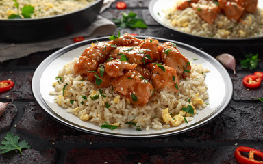 Orange Chicken Spicy sweet and sour with fried eggs rice