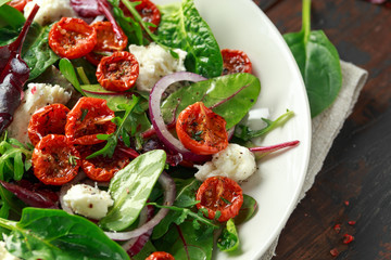 Sun dried tomatoes Salad with fresh vegetables mix and mozzarella cheese. healthy food. closeu up