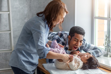 young pleasant gorgeous guy teaching his adorable beautiful kid to sing songs, close up photo.