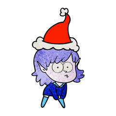 textured cartoon of a elf girl staring and crouching wearing santa hat