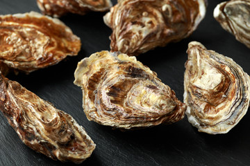 Fresh Oysters on rustic stone board. ready to open and eat
