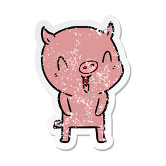 distressed sticker of a happy cartoon pig