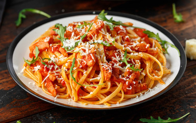 Spaghetti alla Amatriciana with pancetta bacon, tomatoes and pecorino cheese