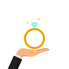 Hand hold wedding, engagement ring with diamond isolated on white background. Marriage concept. Vector flat design