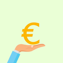 Hand hold euro sign isolated on background. Money, currency Cash symbol icon. Business, economy concept. Vector flat illustration