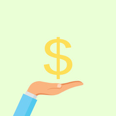 Hand hold dollar sign isolated on background. Money, currency Cash symbol icon. Business, economy concept. Vector flat illustration