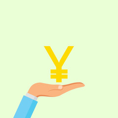 Obraz premium Hand hold Japanese yen sign isolated on background. Money, currency Cash symbol icon. Business, economy concept. Vector flat illustration