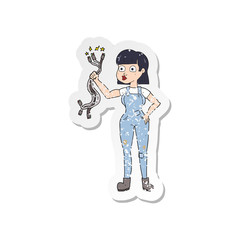 retro distressed sticker of a cartoon female electrician
