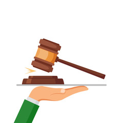 Justice hammer on hand isolated on white background. Judge gavel. Auction, judge cocept. Vector flat design