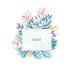 Watercolor exotic square frame with tropical leaves, flowers and toucan for wedding, invite, birthday card. Isolated illustrarion summer colors, design vertical frame on white background