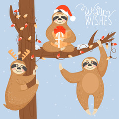 Christmas and Happy New Year card with sloth bears. Lazy sloths hanging on the tree. Vector illustration. © CoCoArt_Ua