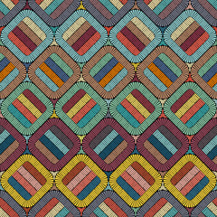 Embroidery or colored fabric pattern texture repeating seamless. Handmade. Ethnic and tribal motifs. Print in the bohemian style. Vector illustration. wallpaper and background