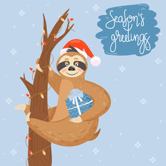 Christmas and Happy New Year card with sloth. Cute lazy sloth with gift. Animal wearing Santa hat. Vector illustration.