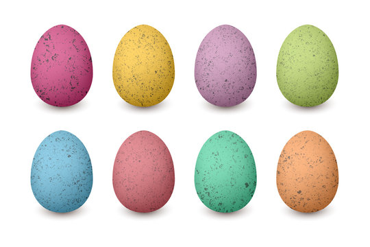 Happy Easter colored eggs. Shabby structure Set of red, green, blue, pink, purple, yellow, brown