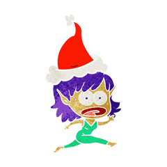 retro cartoon of a shocked elf girl wearing santa hat