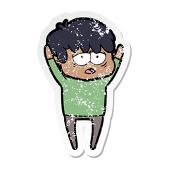 distressed sticker of a cartoon exhausted boy