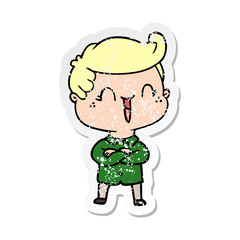 distressed sticker of a cartoon laughing boy crossing arms