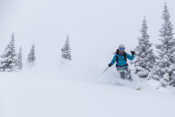 Fototapeta na wymiar Female skier turning in powder