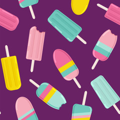 Сute ice cream and popsicles background. Seamless vector pattern with popsicles in bright colors. 