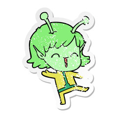 distressed sticker of a cartoon alien girl laughing