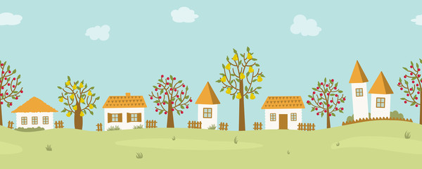 Country landscape. Seamless border. Summer in the village. There are houses and trees with fruits against the sky with clouds. Vector flat illustration.