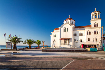 Paralia, St Photini Church at the beach, a tourist seaside part of the municipality Katerini, Greece, Europe.