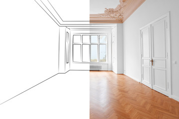  apartment room photo merged with draft sketch / drawing -