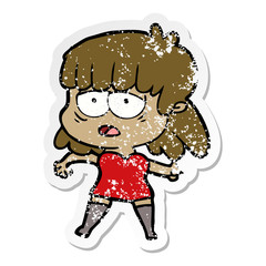 distressed sticker of a cartoon tired woman