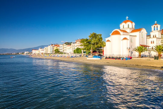 Paralia, St Photini Church at the beach, a tourist seaside part of the municipality Katerini, Greece, Europe.