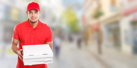 Pizzabote liefern Pizza Bote bestellen Bestellung Lieferung Beruf Mann Latino Stadt Banner...