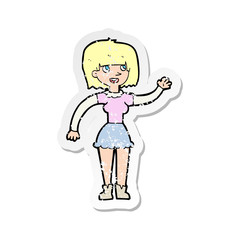retro distressed sticker of a cartoon girl waving