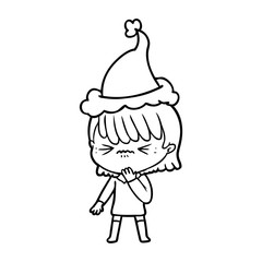 line drawing of a girl regretting a mistake wearing santa hat