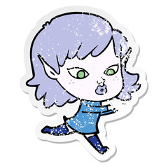 distressed sticker of a pretty cartoon elf girl