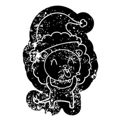 happy cartoon distressed icon of a lion wearing santa hat